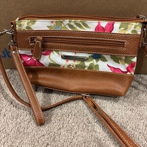 Stone Mountain Brown Faux Leather Cross Bag with Floral Canvas